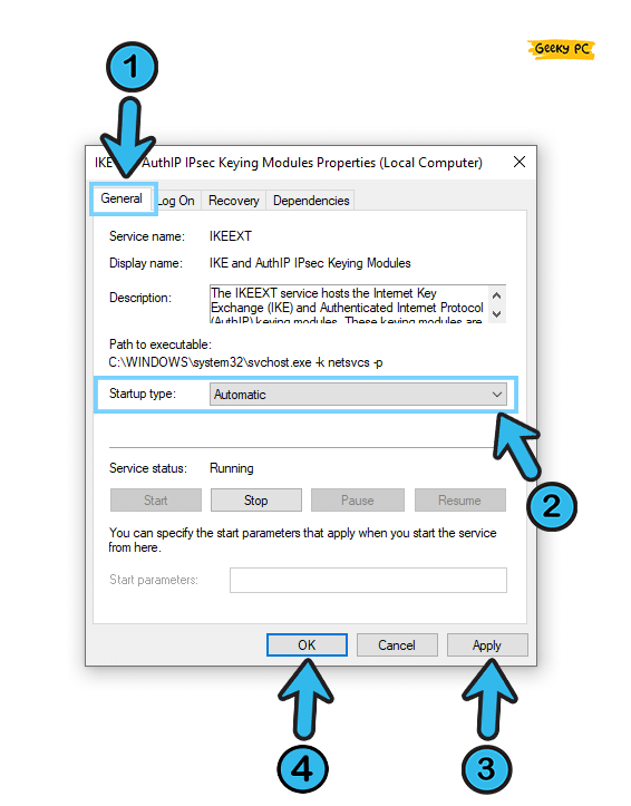 chnage IKE and AuthIP IPSec Keying Modules Startup Type