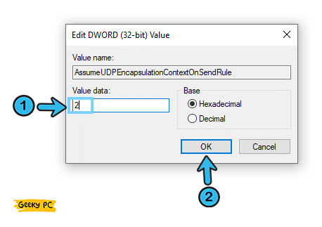 chnage value AssumeUDPEncapsulationContextOnSendRule