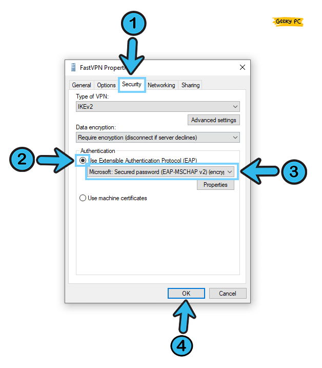 enable Microsoft Secured password (EAP-MSCHAPv2) (encryption enabled)