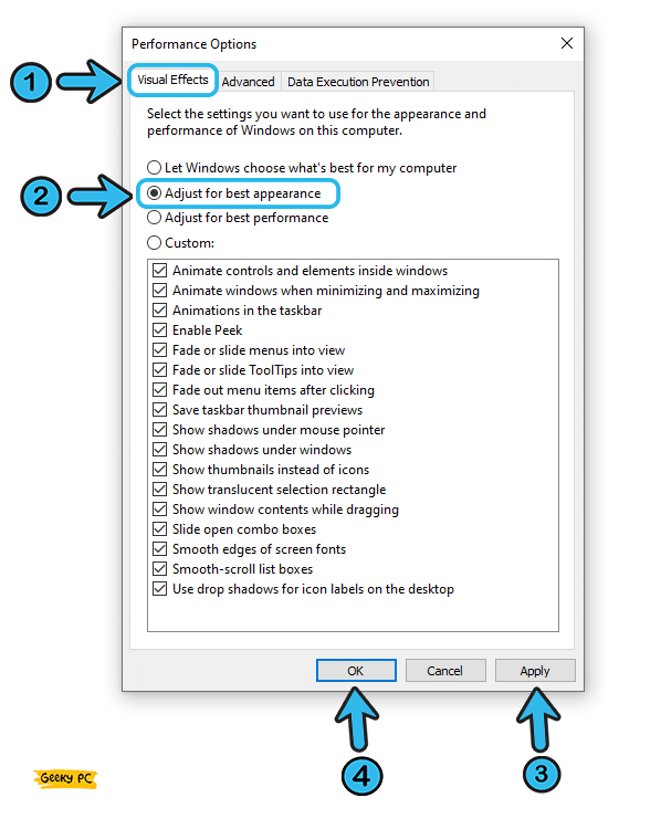 Adjust for best performance under windows visual effects