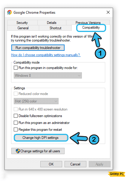 Change high DPI settings in chrome