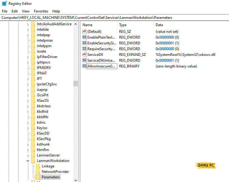 Computer HKEY_LOCAL_MACHINESYSTEM CurrentControlSet Services LanmanWorkstation Parameters