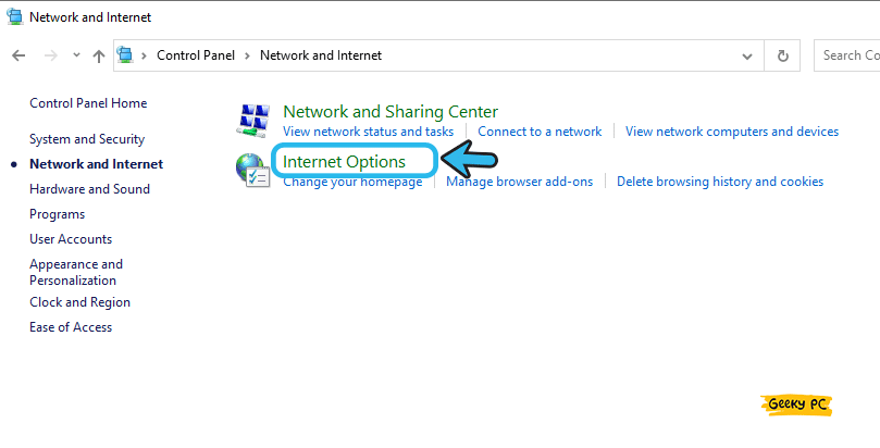 Control panel Internet Options