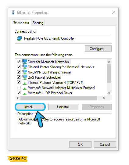 Ethernet properties install option