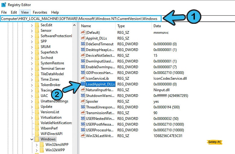 HKEY_LOCAL_MACHINE SOFTWARE Microsoft Windows NTCurrent Version Windows Load AppInit_DLLs