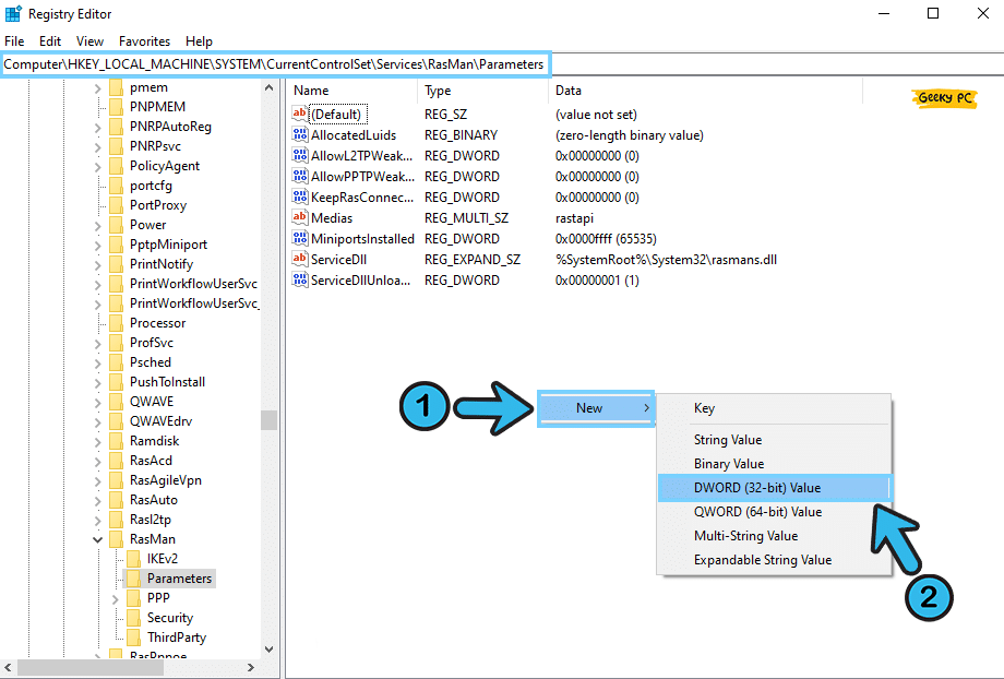 HKEY_LOCAL_MACHINE System CurrentControlSet Services Rasman Parameters