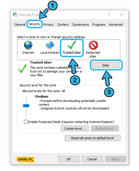 Internet options Security