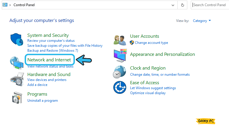 Network & Internet option in control panel