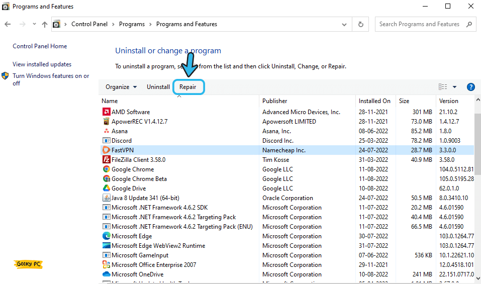 Repair application in windows