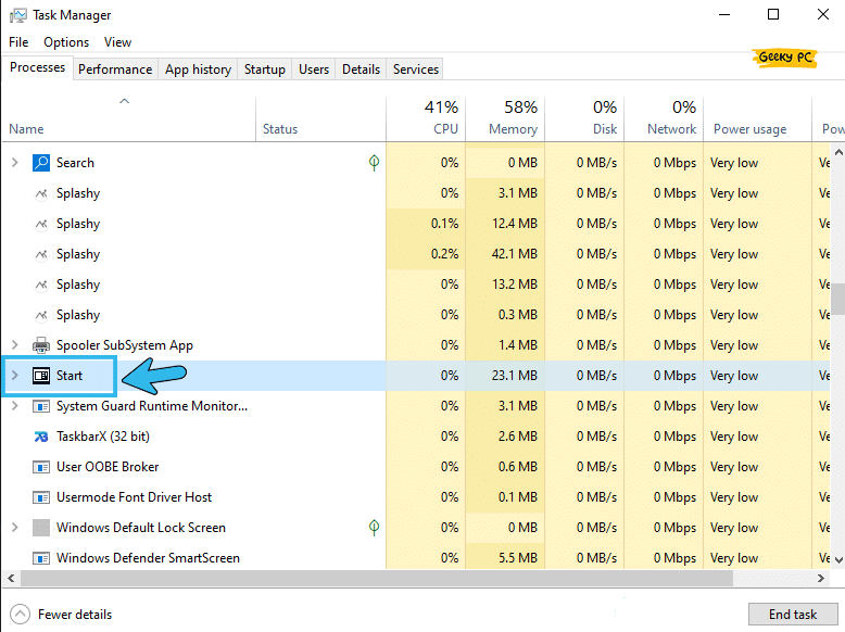 Start in Task Manager