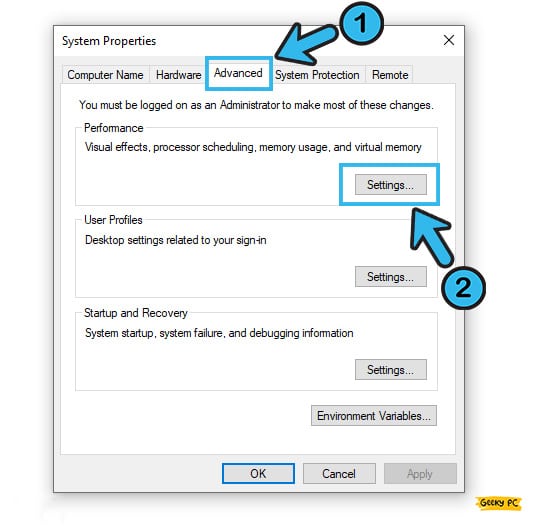 System Properties performance settings