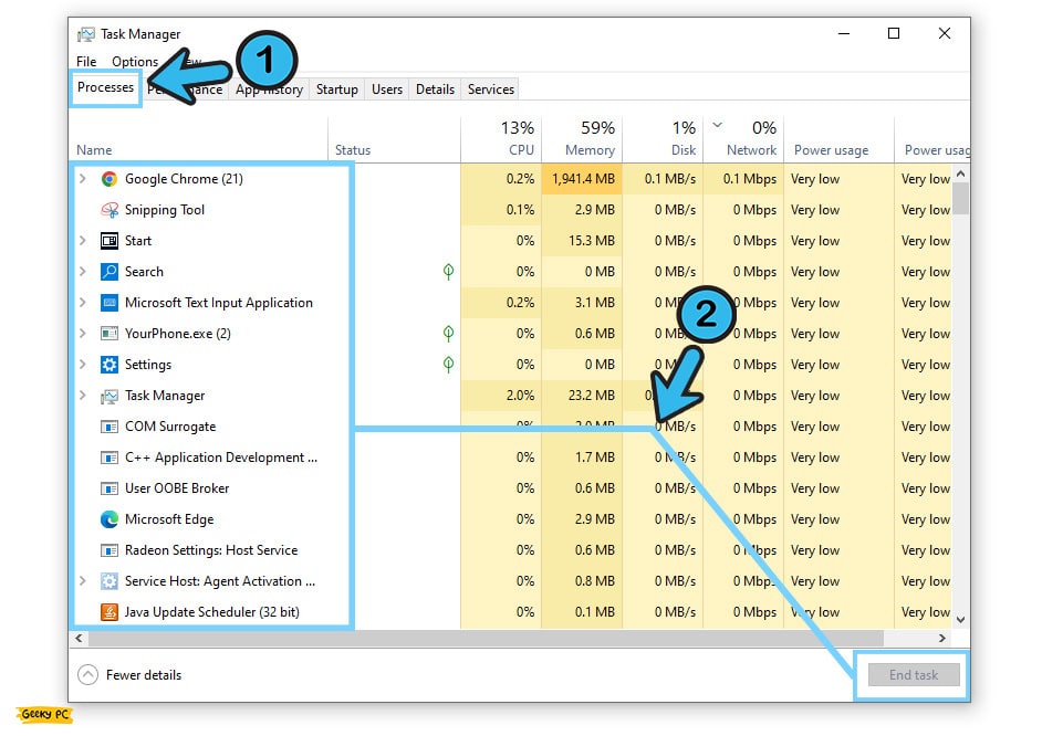 Task Manager Processes end task