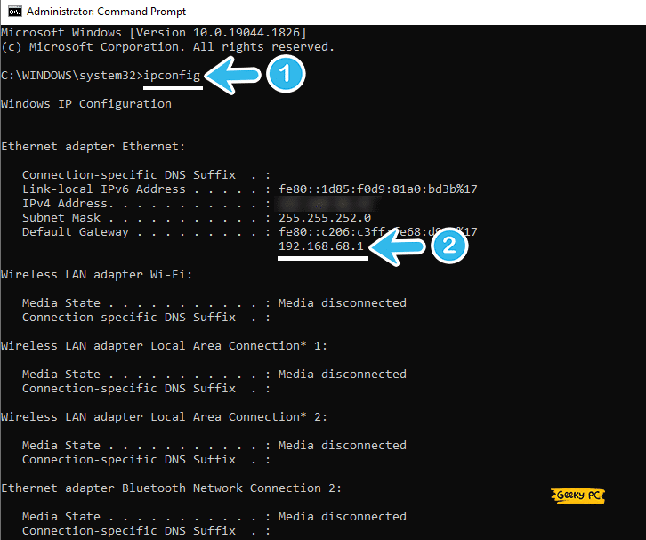 find Default Gateway using ipconfig