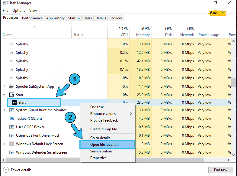 start Open file location